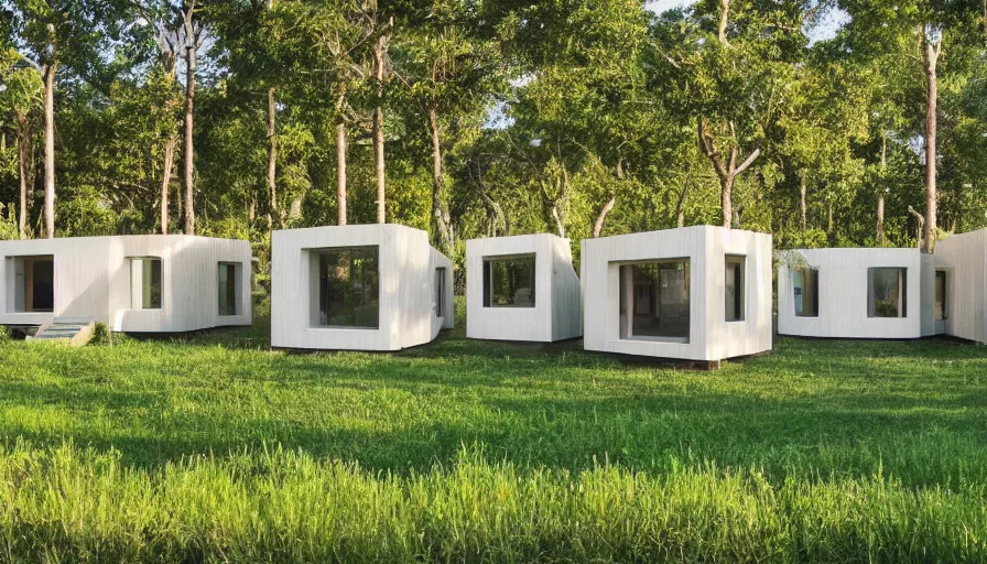 Image similar to A wide image of an eco-community neighborhood of innovative contemporary 3D printed prefab sea ranch style cabins with rounded corners and angles, beveled edges, made of cement and concrete, organic architecture, in a lush green forest Designed by Gucci and Wes Anderson, golden hour