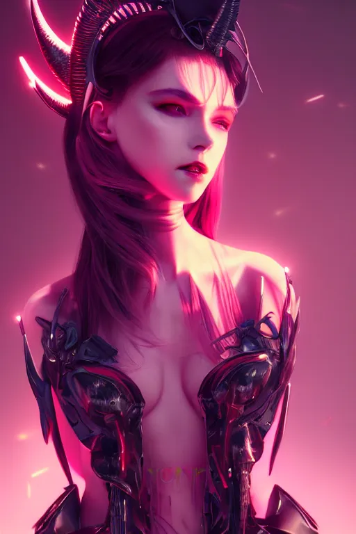 Image similar to portrait futuristic Devil Girl with horns and wings, in future cyberpunk tokyo rooftop , ssci-fi, fantasy, intricate, very very beautiful, elegant, human anatomy, neon light, highly detailed, digital painting, artstation, concept art, smooth, sharp focus, illustration, art by tian zi and WLOP and alphonse mucha