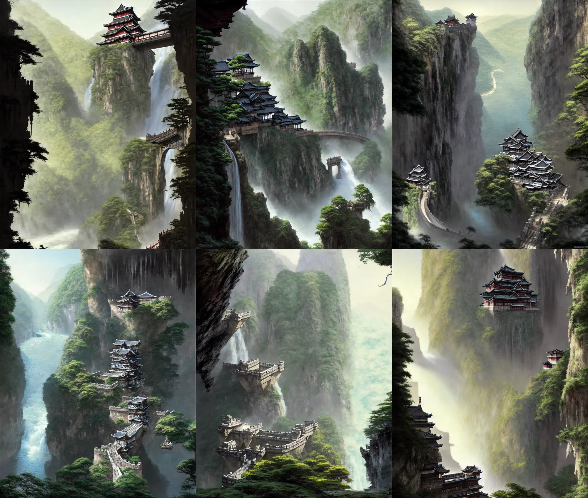 Prompt: establishing wide shot inside han son doong with waterfalls on either side of the cliff walls, at the top of the cliff is a japanese castle, a cloister is built into the cliff walls, an old suspension bridge spans the walls, sunny morning light, detailed digital concept art by greg rutkowski and gerald brom and raphael lacoste, detailed textures
