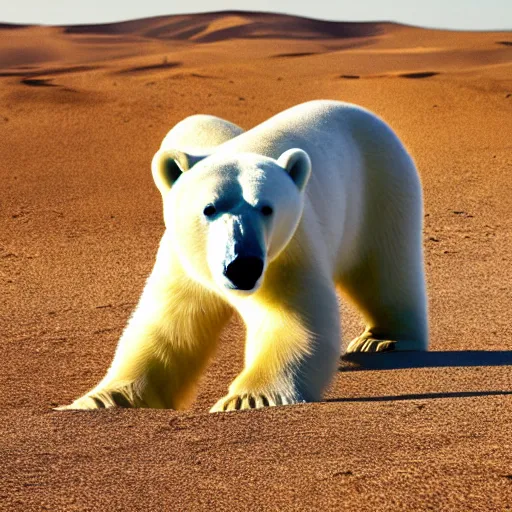 Prompt: photography of a polar bear in the desert, VFX, cinematic, rule of thirds, golden ratio, evening