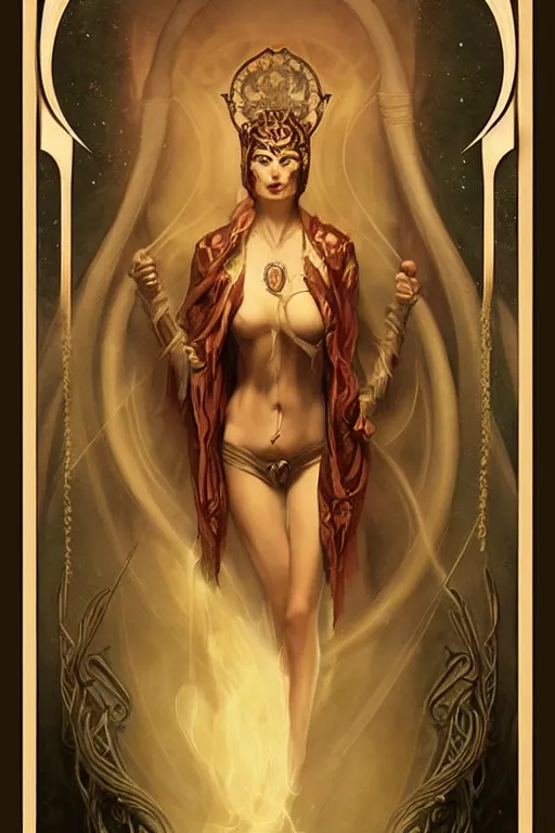 Prompt: tarot card, high priestess, Art nouveau, by bastien deharme, trending on artstation, Brom