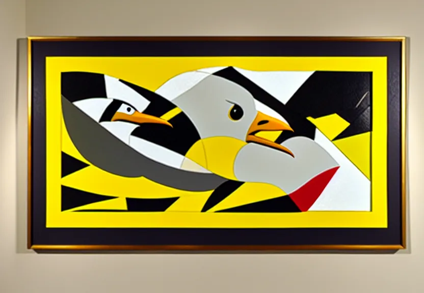 Prompt: action shot of bald eagle and fish, black and yellow and white framed painting composited into modern home, carl barks, cubism