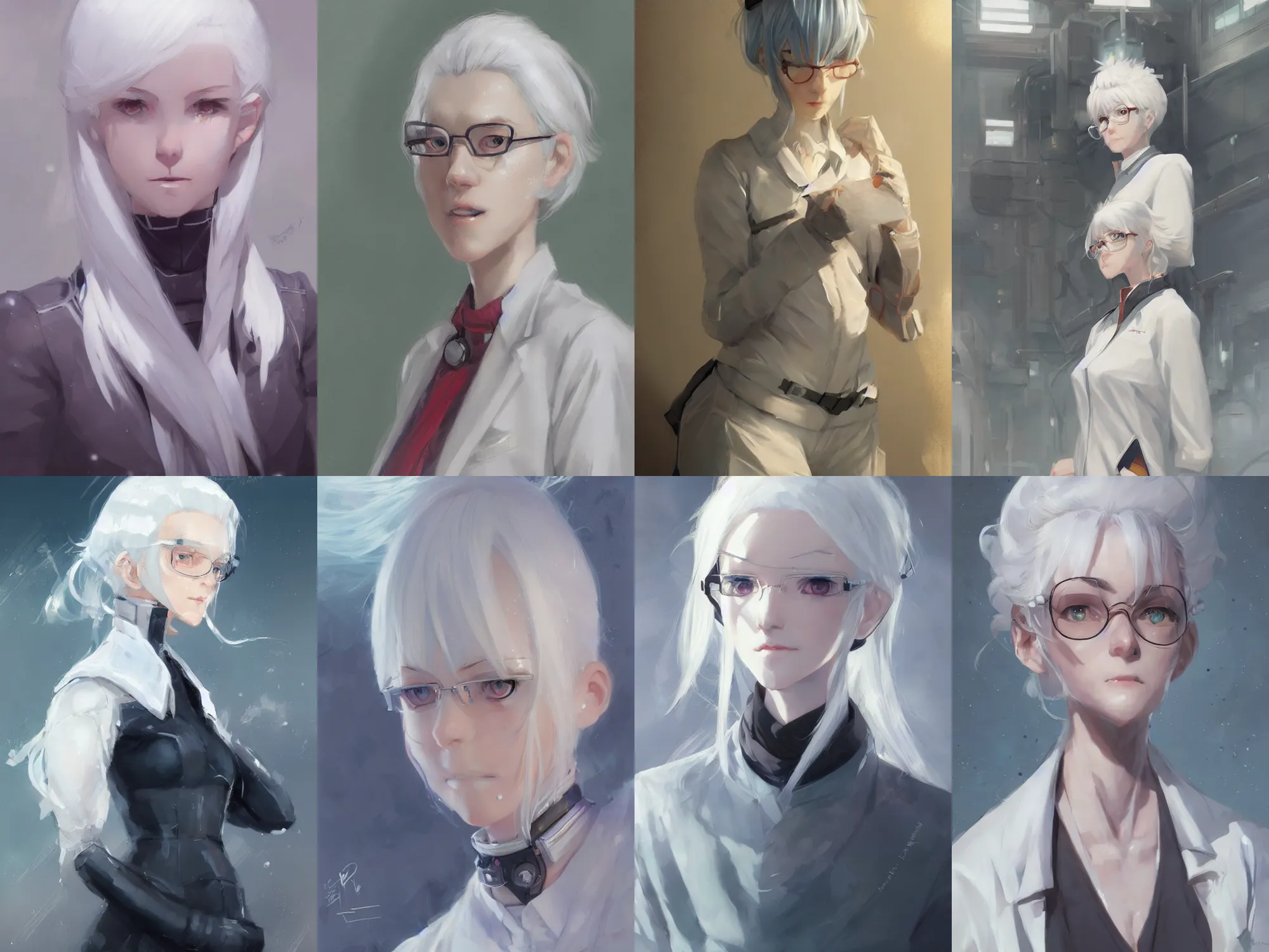 Prompt: a portrait of a white haired robot scientist girl by krenz cushart and wlop