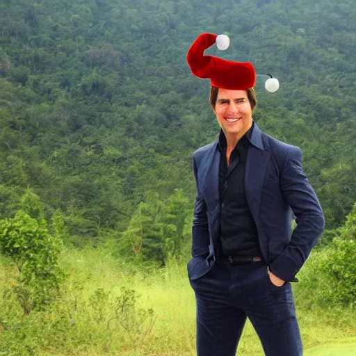 Prompt: tom cruise in costume with a christmas hat. tropical forest in the background with a plane crash