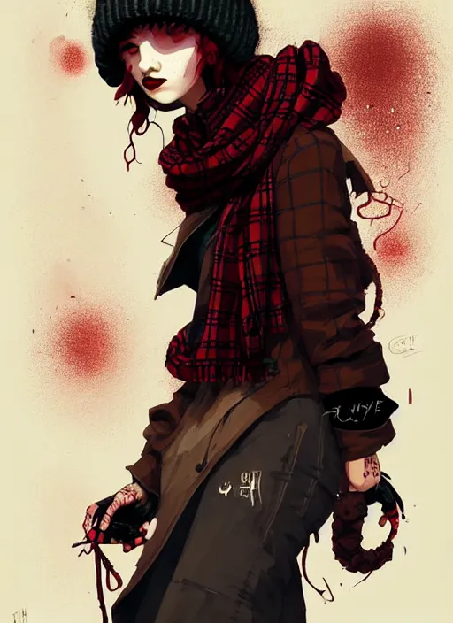 Image similar to highly detailed portrait of a sewer ( ( emo punk ) ) lady student, beanie, tartan scarf, curly hair by atey ghailan, by greg rutkowski, by greg tocchini, by james gilleard, by joe fenton, by kaethe butcher, gradient red, black, brown and cream color scheme, grunge aesthetic!!! graffiti tag wall background