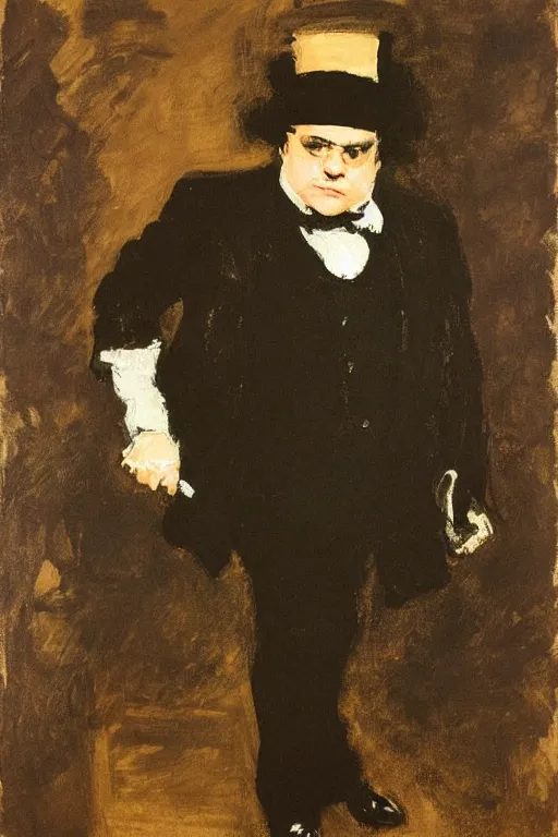 Prompt: portrait of danny devito as a gentleman wearing an edwardian suit and top hat by walter sickert, john singer sargent, and william open