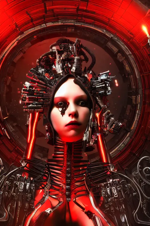 Image similar to full-body cyberpunk style sculpture of a young beautiful dark priestess, half android with a head opening exposing circuitry, glowing red eyes, black roses, flowing blood red colored silk, fabric, candles. baroque elements, human skull. full-length view. baroque element. intricate artwork by Caravaggio. crows flying in background. Trending on artstation, octane render, cinematic lighting from the right, hyper realism, octane render, 8k, depth of field, 3D