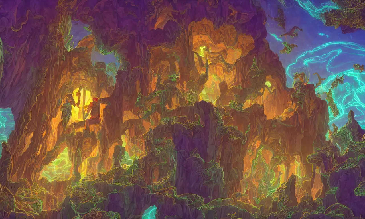 Image similar to large kerberos realm, wizard issues ticket close up, reading a directory, colorful ravine, 3 d art, digital illustration, perfect lighting