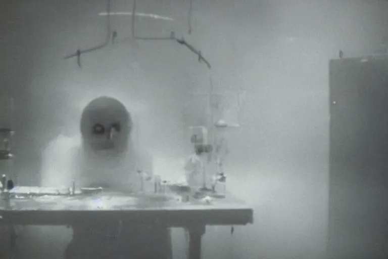 Prompt: experiment, laboratory, 1985, creepy, haunted, fog, atmospheric