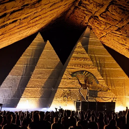 Image similar to the interior of an egyptian pyramid, modern, edm party inside