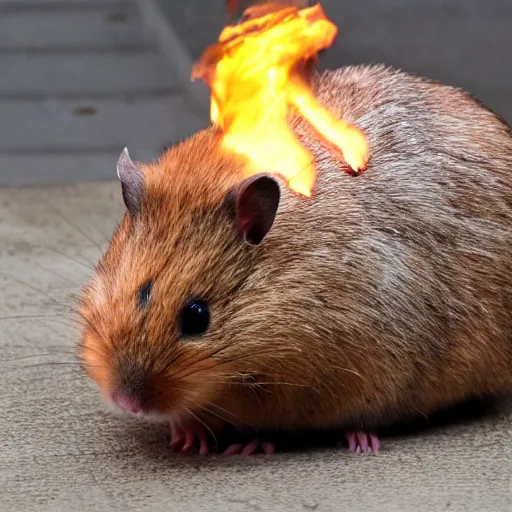 Prompt: a giant hamster on fire