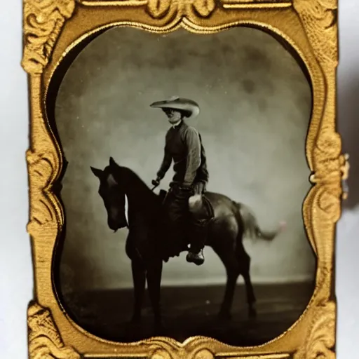 Image similar to tintype photo, bottom of the ocean, cowboy riding unicorn