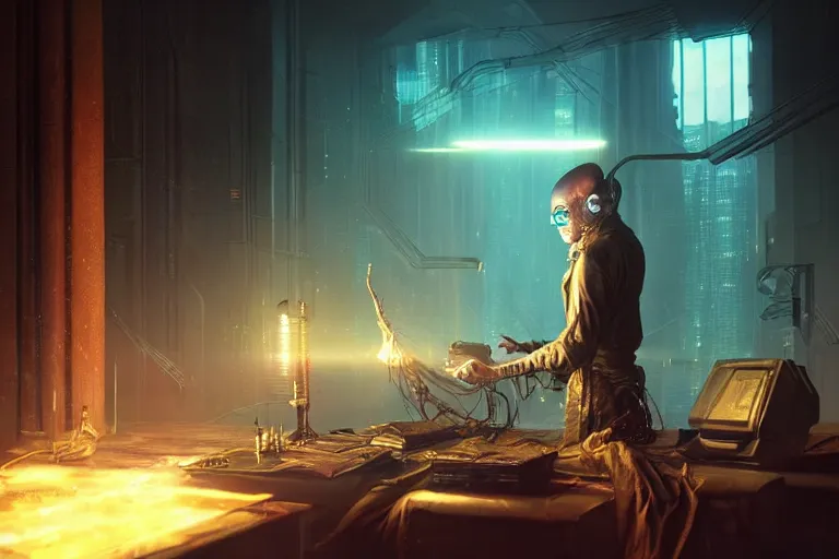 Image similar to sci fi cyberpunk fantasy art prompt magician studying casting spells with keyboard, by greg rutkowski ultrahd dark volumetric lighting hyper detailed unreal engine octane render