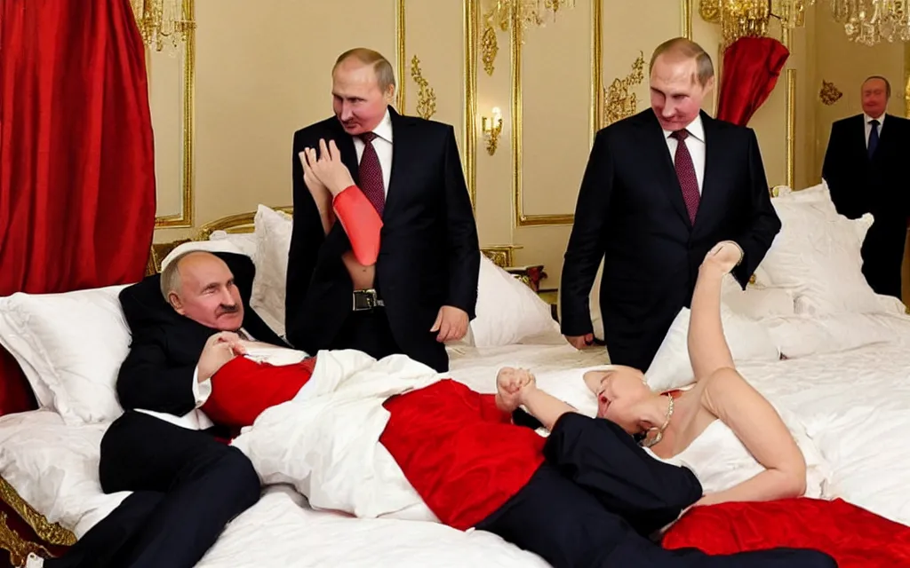 Prompt: lukashenko fall in love with putin romantic bed scene accidental shot by paparazzi