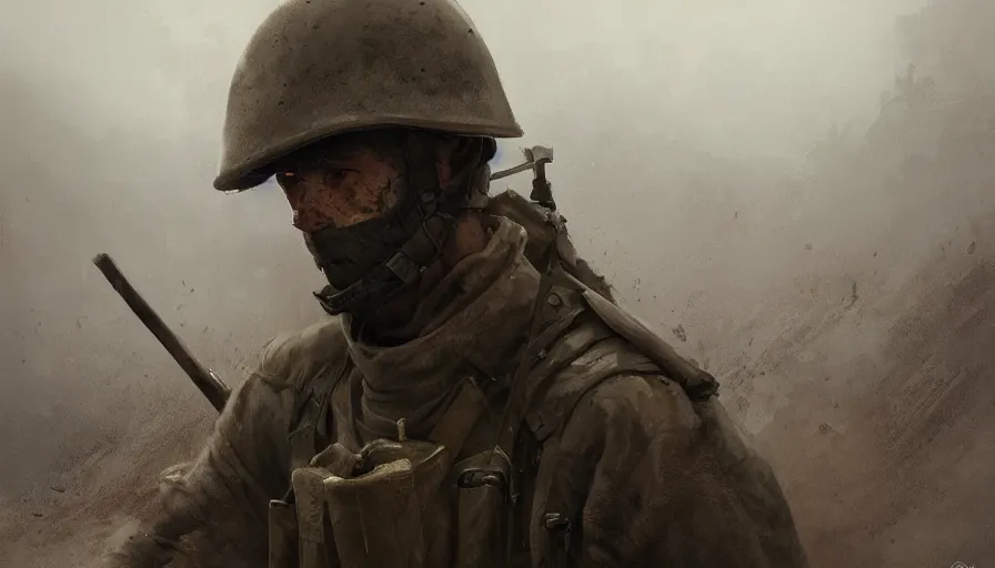 Image similar to beautiful digital painting of a lone survivor, one soldier after his squad killed in action in a trench waiting for the war to end. cinematic lighting and rendering, atmospheric, concept art, high detailed faces, artstation, underpainting by artgerm and greg rutkowski, overpainted by eddie mendoza, post process by ross tran