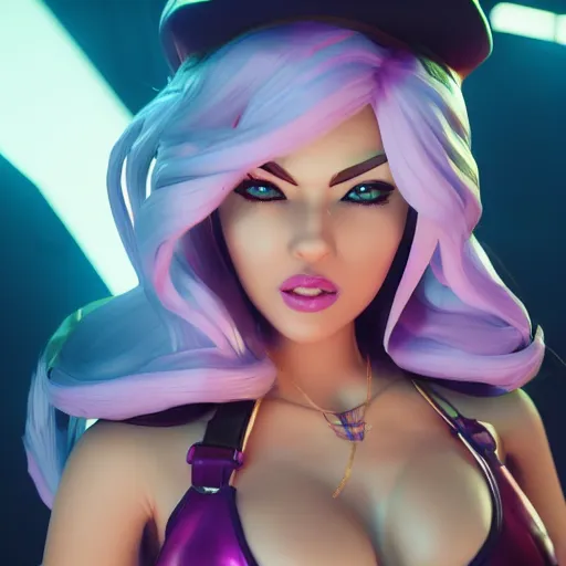 Prompt: still of pretty KDA More Miss Fortune (wild rift) close up in KDA More music video. 3d render, octane render, game art, realistic, highly detailed, trending on artstation, 4k, trending on artstation, pixar, cgsociety, unreal engine 5, redshift render, trending on artstation, blender, behance, cg