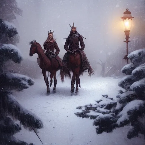 Prompt: Two Nordic warriors wearing fur clothes on horseback riding through snowy landscapes during a snowstorm, fantasy, highly detailed, digital painting, artstation, concept art, illustration, art by Greg Rutkowski and Marc Simonetti