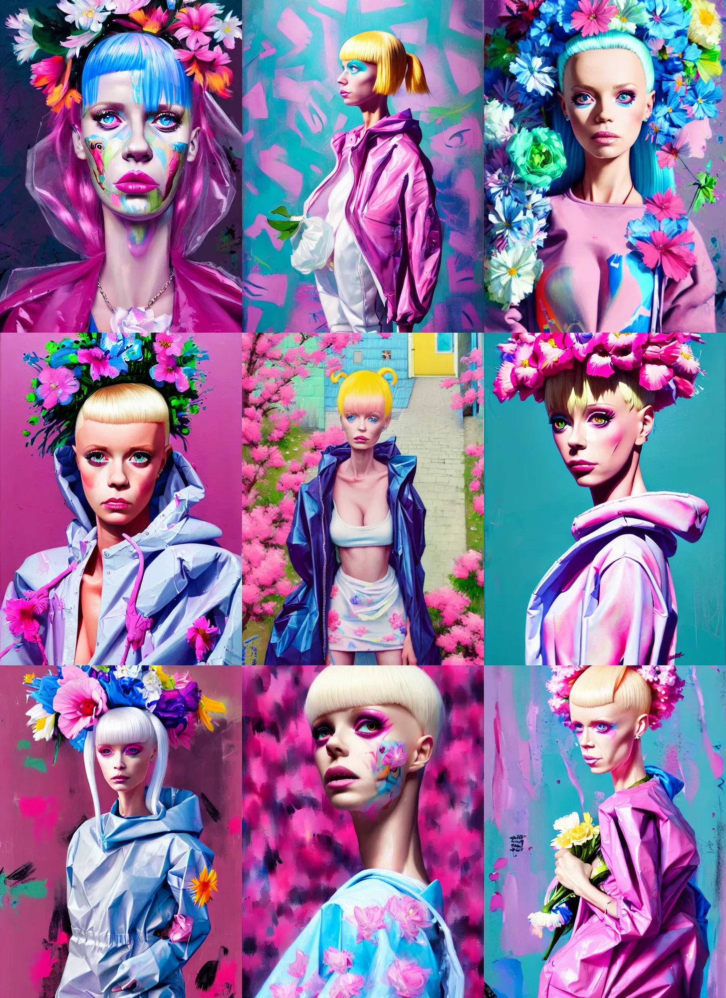 Prompt: still from music video of barbie from die antwoord standing in a township street, wearing a trashbag garbage bag and flowers, street fashion, full figure portrait painting by martine johanna, ilya kuvshinov, rossdraws, pastel color palette, detailed impasto brushwork, impressionistic