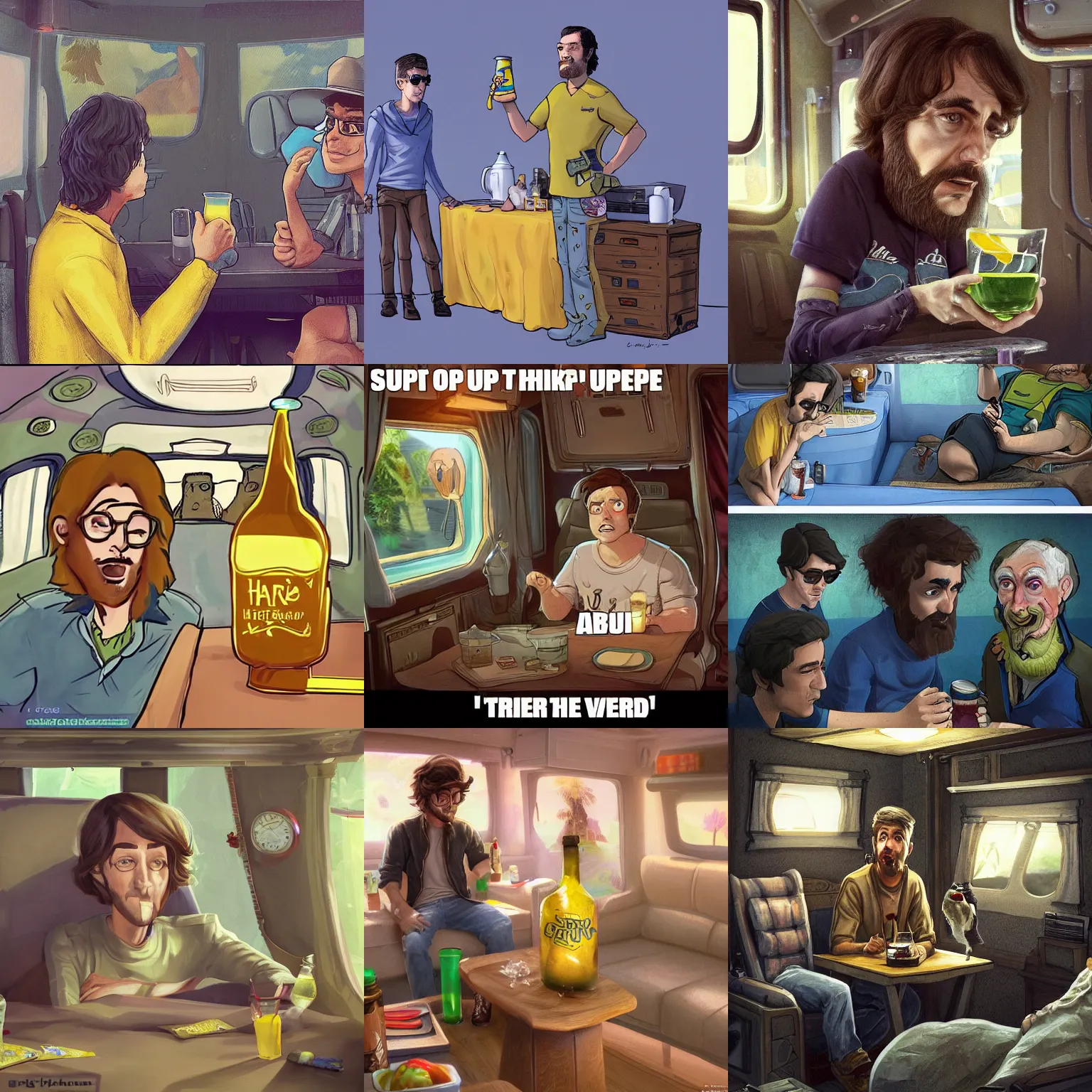 Prompt: hey there carl hold up and listen because on the otherhand i super tripped out and got high in the back of my rv and just imagined everything while listening to wierd al, but then harry told me to sober up and drink some lemonade but i don't think it was lemonade, highly detailed, artstation