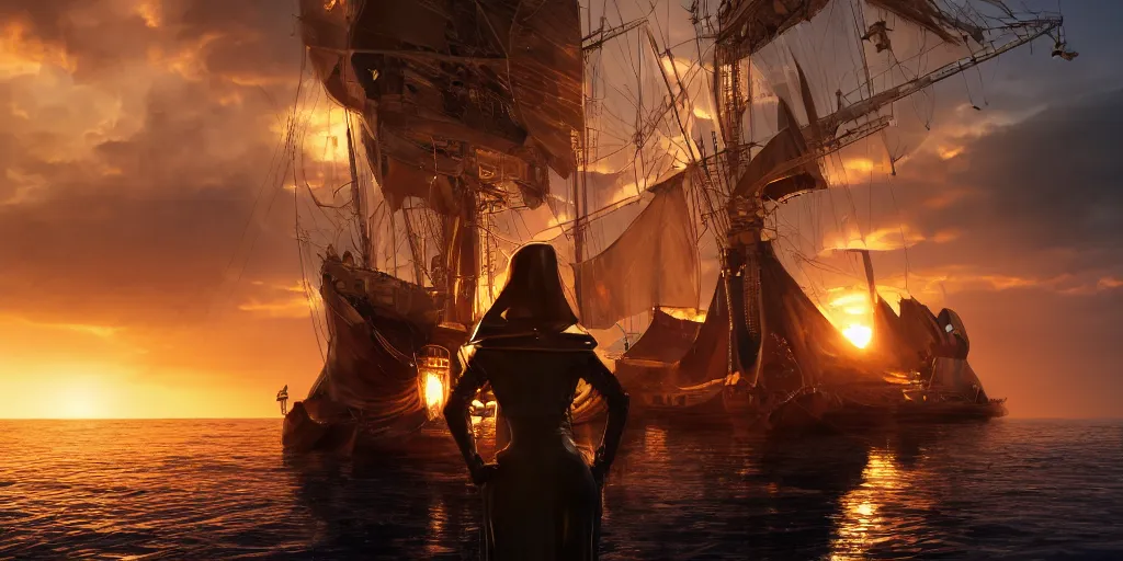 Image similar to medieval woman ship pilot from behind standing on a single ship at sea, dramatic golden neon sunset with tornado wall, wearing shiny breastplate, dynamic lighting, hyperrealistic, HD 4k, artstation