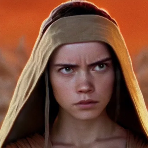 Image similar to Rey from Star Wars twenty years older as a Jedi Master