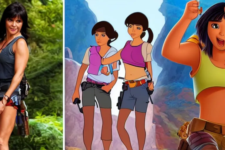 Image similar to Dora the Explorer (played by Isabela Merced) vs Lara Croft (played by Angelina Jolie), film by James Bobin and Simon West