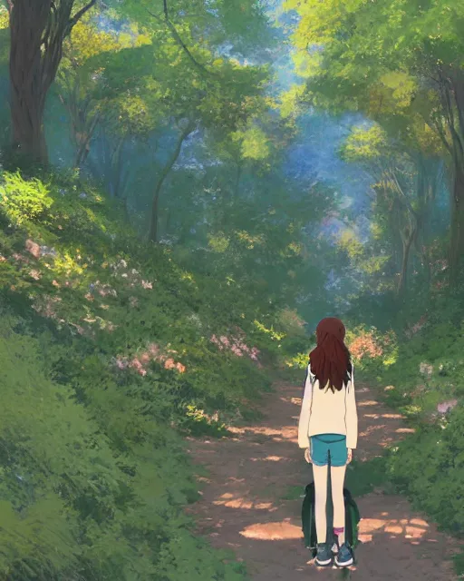 Prompt: a full shot of a teenage girl on a hike, moe, kawaii, pretty, lovely, detailed face, digital art by makoto shinkai and claude monet