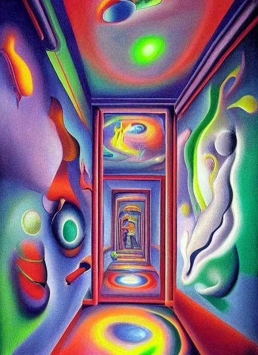 Prompt: an extremely high quality hd surrealism painting of a 3d slow-shutter galactic neon complimentary colored cartoon surrealism melting optical illusion hallway by kandsky and salviadoor dali the seventh, salvador dali's much much much much more talented painter cousin, 4k, ultra realistic, super realistic, surreautistic