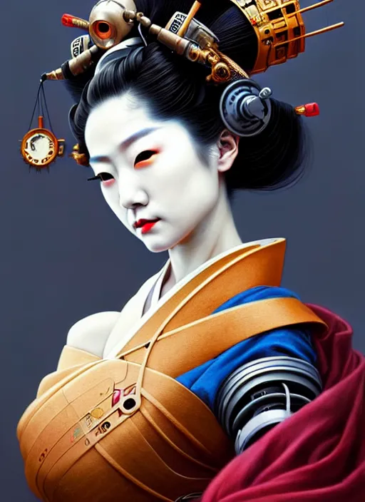 Image similar to beautiful japanese geisha wearing vr eyepiece, robotic, android, cyborg, cyberpunk face, steampunk, fantasy, intricate, elegant, highly detailed, colorful, vivid color, digital painting, cinematic lighting, artstation, concept art, art by artgerm and greg rutkowski and ruan jia,