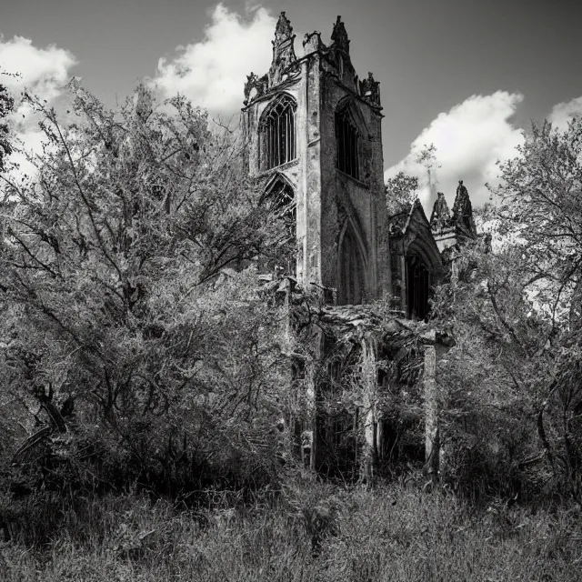 Prompt: exterior of an abandoned cathedral with overgrown vegetation, vintage infrared photograph