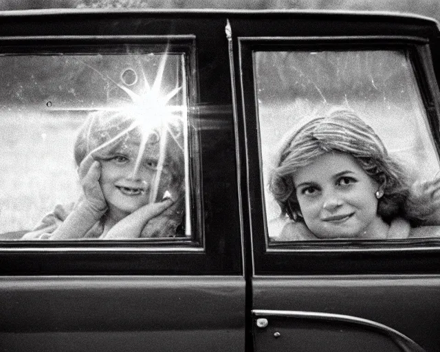 Prompt: sepia-toned vintage photograph of princess diana in an old Subaru, lens flare