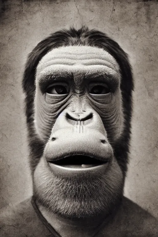 Image similar to donkey kong, portrait, full body, symmetrical features, silver iodide, 1 8 8 0 photograph, sepia tone, aged paper, sergio leone, master prime lenses, cinematic