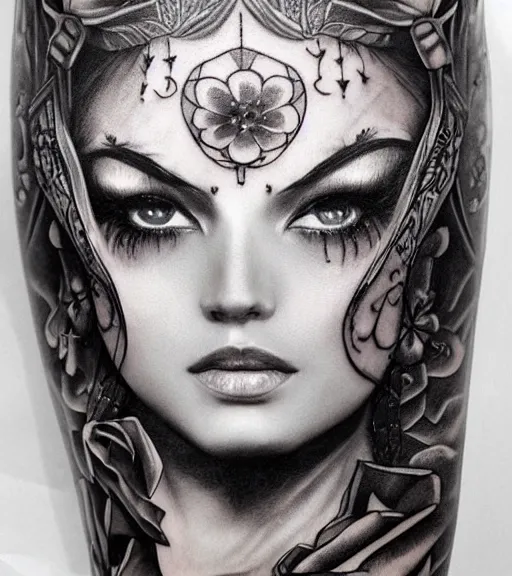 Image similar to tattoo design on white background of a beautiful girl warrior, roses, hyper realistic, realism tattoo, by eliot kohek, beautiful eyes, realistic face, black and white, award winning tattoo