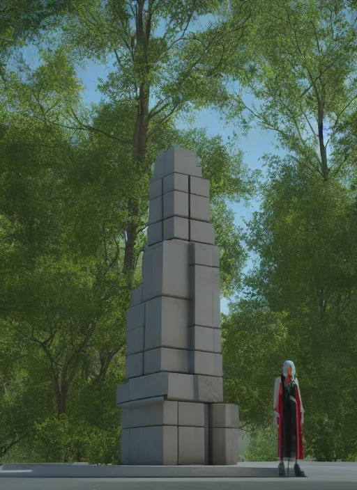 Image similar to highly detailed realistic architecture 3 d render of a futuristic stele monument in frank lloyd wright style standing in city park, archdaily, made in unreal engine 4 octane render