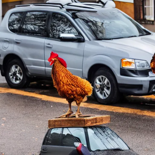 Prompt: a chicken on top of a car