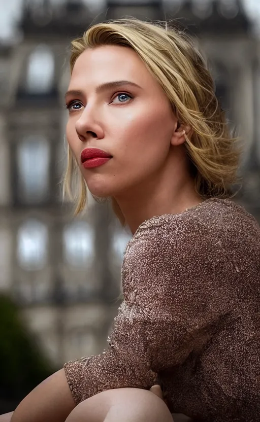 Prompt: portrait of scarlett johansonn , 3/4 view realistic, detailed, diffuse sunlight, soft lights, bokeh Paris in background