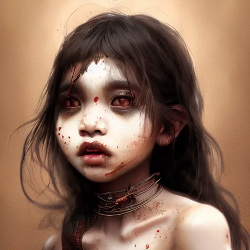 Prompt: a brown skinned asian vampire girl, child, freckles, fangs, messy hair, embers intricate and very beautiful and elegant, highly detailed, digital painting, artstation, concept art, smooth and sharp focus, cg by tian zi and wlop