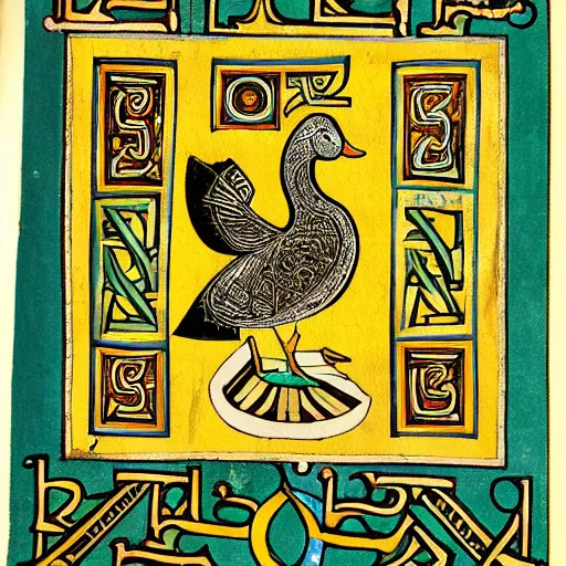 Prompt: book of kells, illustration of a duck