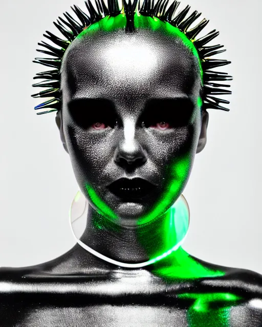 Image similar to symmetrical portrait of a biomechanical cyborg wearing a silicone steel spikes studded iridescent beauty mask and neon hair buns, wearing a black bodysuit by alexander mcqueen, cream white background, soft diffused light, biotechnology, humanoid robot, bjork aesthetic, translucent, by rineke dijkstra, intricate details, highly detailed, masterpiece,