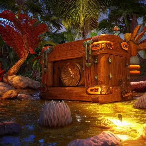 Prompt: a tropical island inside of a treasure chest with ornate details, glow, unreal engine, ultradetailed, trending on artstation, devianart, cgsociety, amazing details