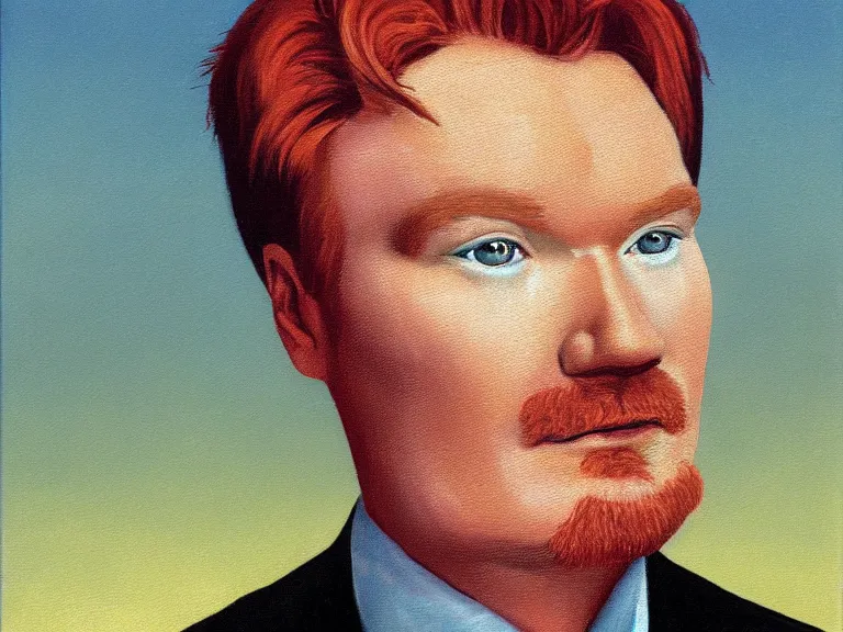 Image similar to Close-up portrait of Conan O'Brien , painting by René Magritte, high detail, high resolution