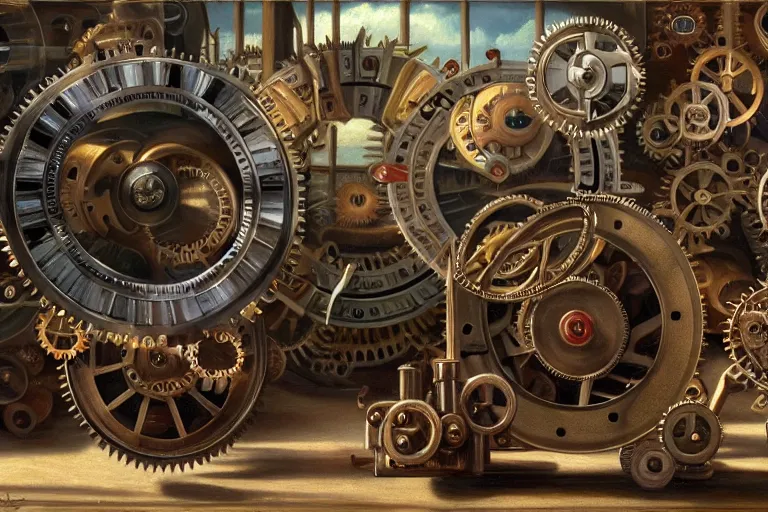 Image similar to ( ( a beautiful 8 k photorealistic masterpiece oil painting ) ( of ( a lot of detailed cogs and complex machinery while tons of people on the background ) ) ) ( hyperrealism ) ( 1 6 k ) ( trending on artstation )