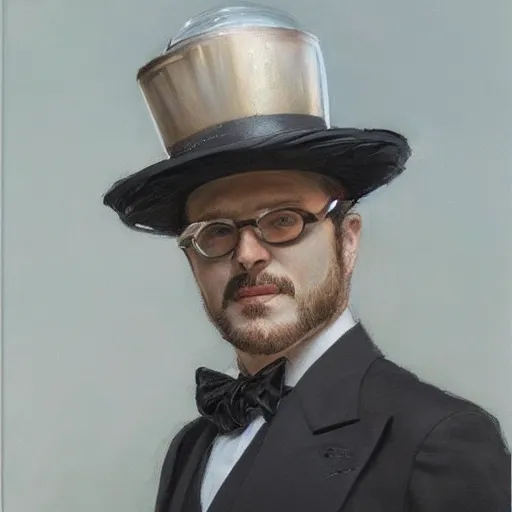 Prompt: portrait of a dapper man with a skull helmet and top hat, by donato giancola.