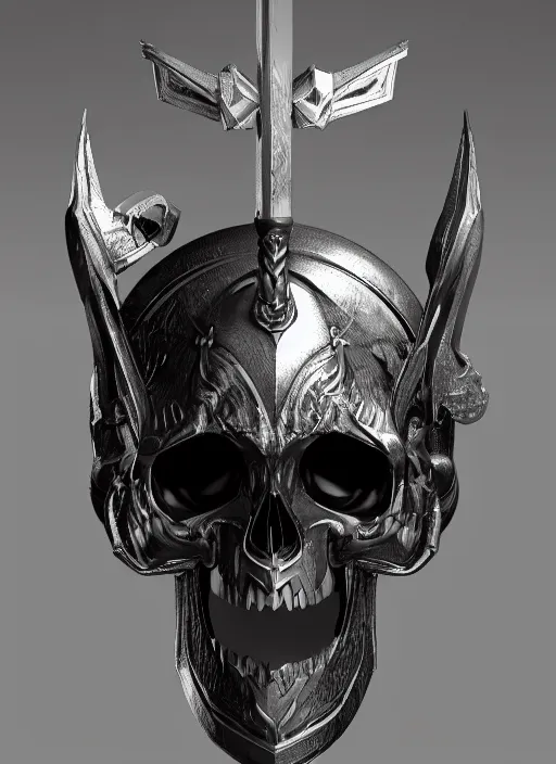 Image similar to a black and silver sword skull crest, orthographic, ornament, weapon, a 2 d render by dom qwek, front side, concept art, trending on polycount, artstation, hard surface modeling, rendered in maya, zbrush, hd, vray, blizzard, symmetry