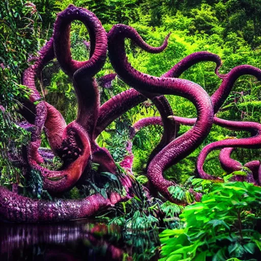 Prompt: a jungle, river with low hanging plants, flowers on the water, there is a giant octopus climbing up a tree, great photography, ambient light