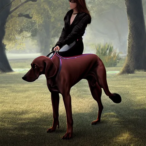 Image similar to girl riding a giant doberman in the park, trending on artstation