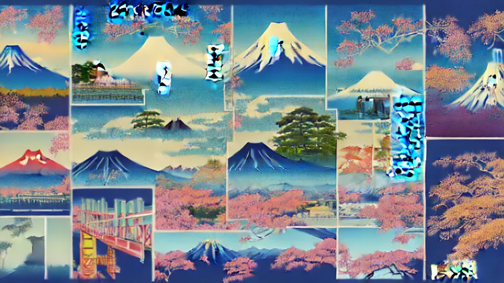 Prompt: japan natural splendor and touring, arts and crafts discovery iconography, a representational photo collage painting tourism poster design, in the style of lola dupre, sholim, david hockney, isolated on negative space background bright monochrome spraypaint accents volumetric octane render