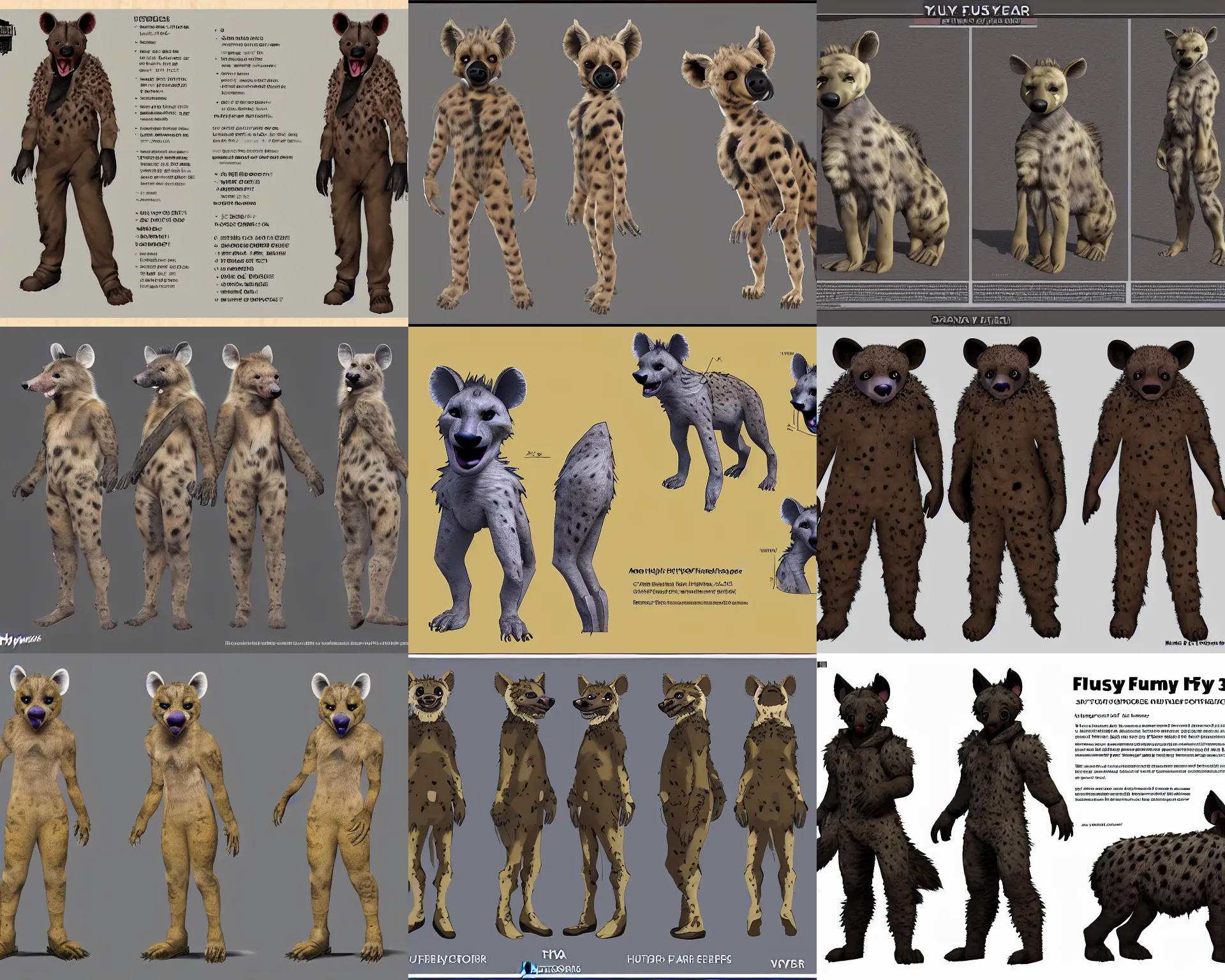 Prompt: a furry hyena fursona three - view fursuit reference sheet, insane ultrahigh - resolution ( uhd ), trending on weasyl