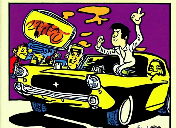 Prompt: Elvis presley driving a car , highly detailed, by Hergé, By Franquin, By Uderzo, By Willy vandersteen, by sergio aragones, by Hein de kort