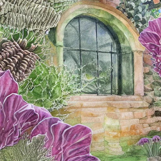 Prompt: delicate coastline garden on paper, spirals, stony, puffy, vines, botanical herbarium, botanic watercolors, iridescent, 8 k wide angle, realistic shaded, fine details, artstation, italian, rainbow, colonnade, oak, pinecone, pomegranade, vines, gardena architecture, pompeian, sicilian